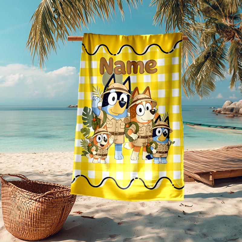 Custom Name Ultra-Soft Beach Towel with Bluey Theme,Ideal for Pool - Camping, Diving - Perfect Travel Essential, Vibrant Beach Towel.