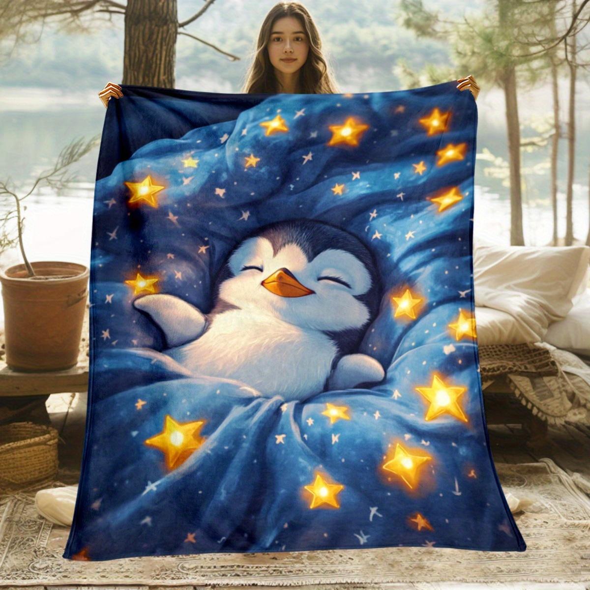Cute Penguin Sleeping on Star Print Throw Blanket, Soft Lightweight Warm Digital Print Blanket for Bed Sofa Office Camping, 1PC 75X95CM