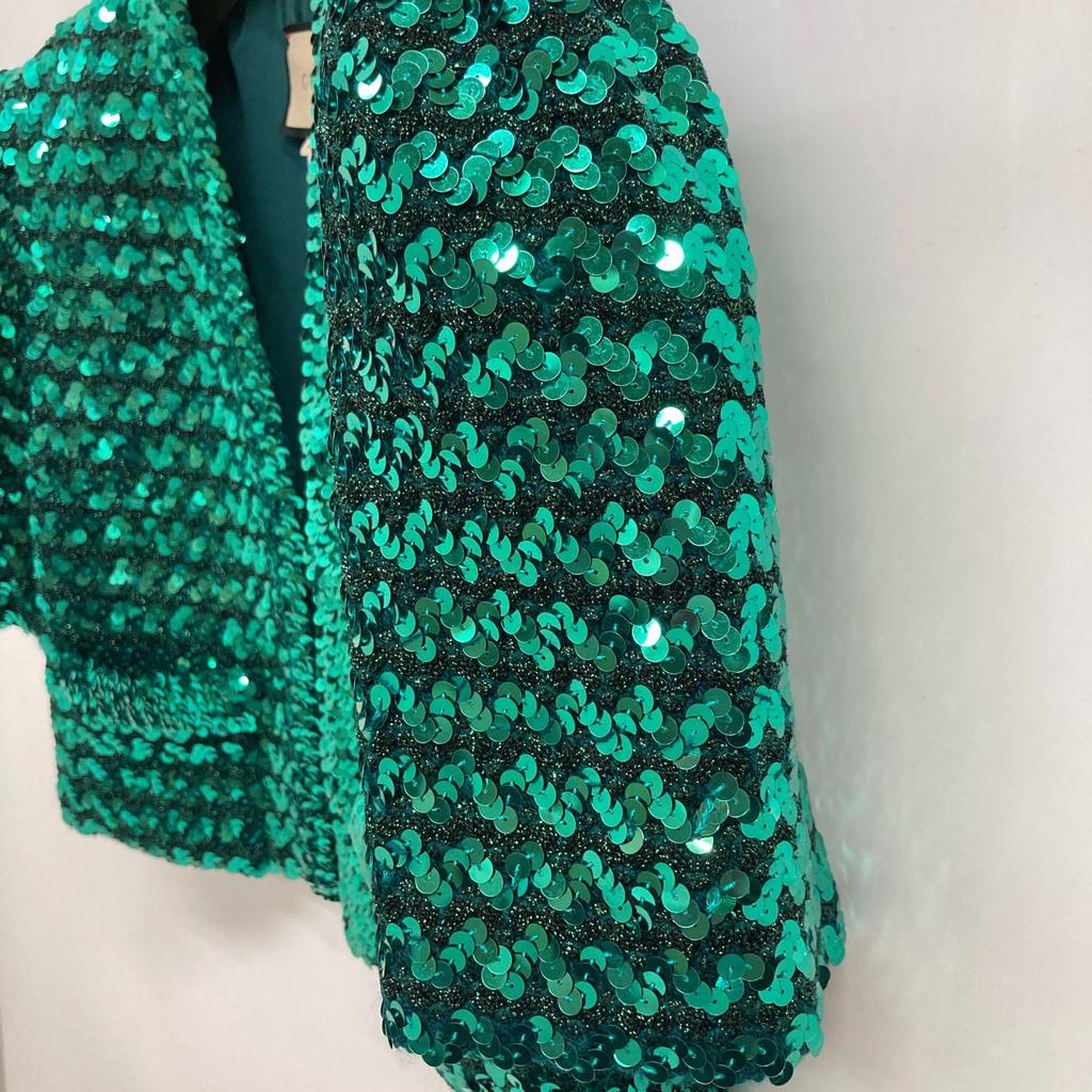 Gucci 653449 XKBTI Glitterx Sequin Silk Lining Collarless Buttonless Jacket M greenUsed