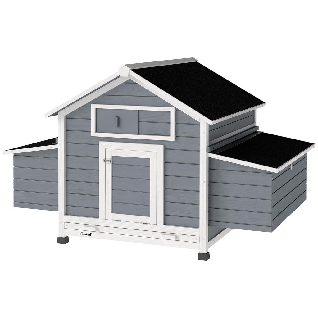 Wooden Chicken Coop for Outdoor Use with 2 Nests, Removable Tray, Perches, Waterproof Roof, 150x100x96.5 cm, Grey