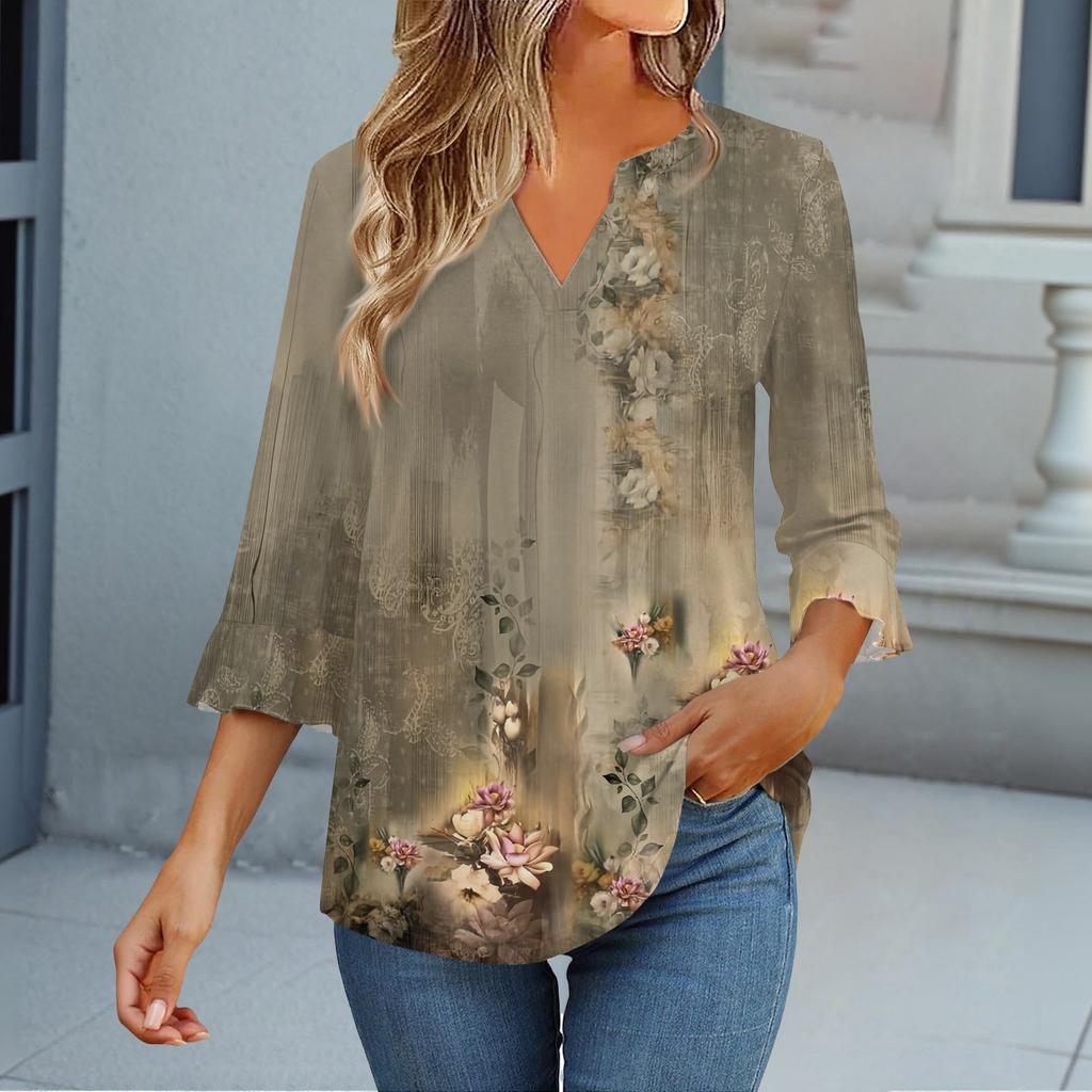 Tops met 3/4 mouw voor dames T-shirt Casual Uitlopende mouwen Print Tuniek V-hals Pullover Blouse