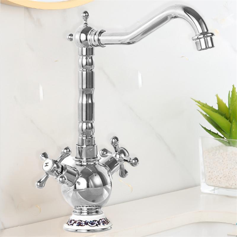 

Золотой смеситель для ванной комнаты, латунный керамический антикварный смеситель для раковины, смеситель для холодной и горячей воды, кран для раковины с двумя ручками, устанавливаемый на бортик