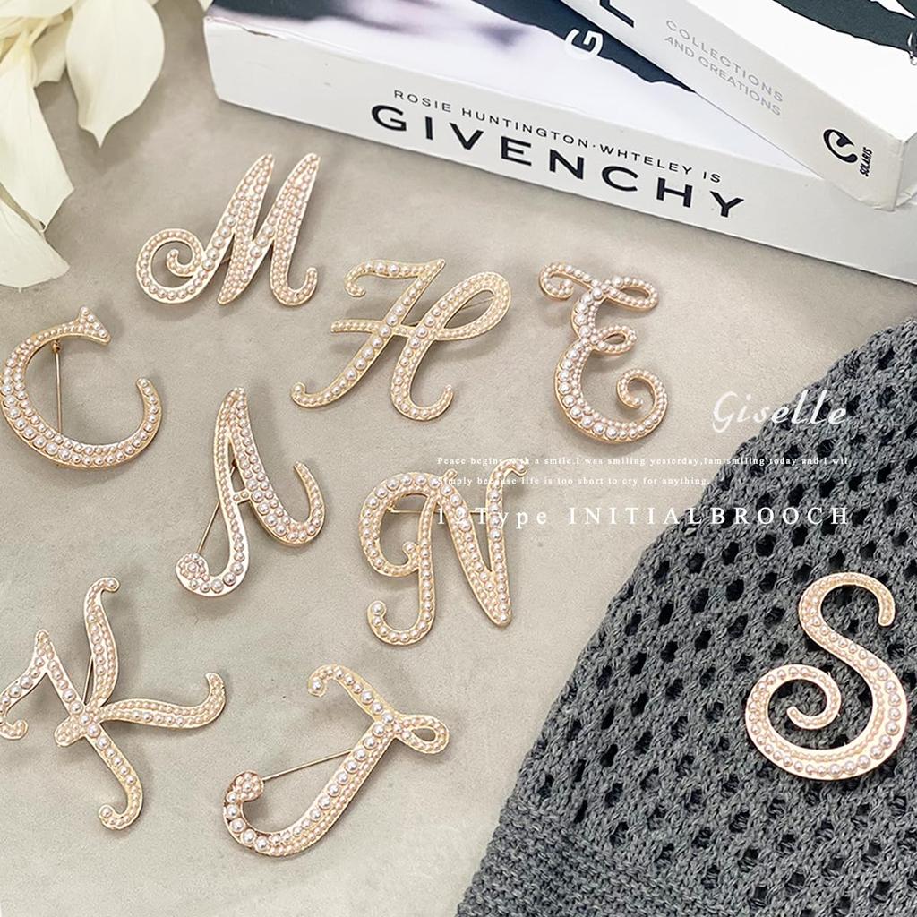 Pearl Brooch Initial Alphabet Pin Badge for Women [Gisele] (Initial M)