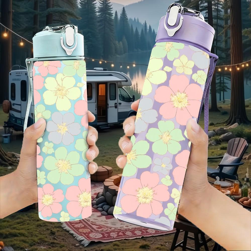 1PC Soft Pastel Floral Seamless Print 750ml Color Plastic Sports Water Bottle Leakproof Flip Straw Lid Suitable for Sports Office Home Use