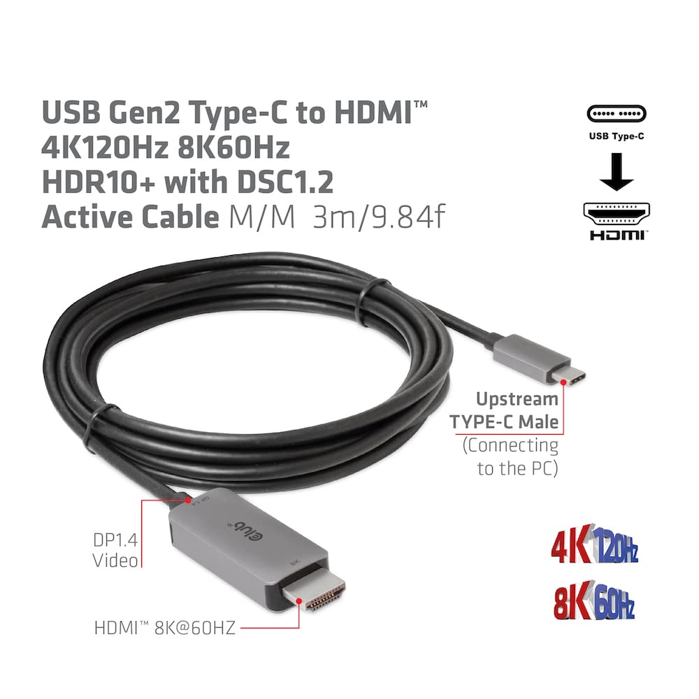 Club 3D USB Gen2 Type C to HDMI 2.1 Active Cable, Male/Male, 3m, 4K120Hz, 8K60Hz, HDR10+, DSC 1.2 Support (CAC-1587)