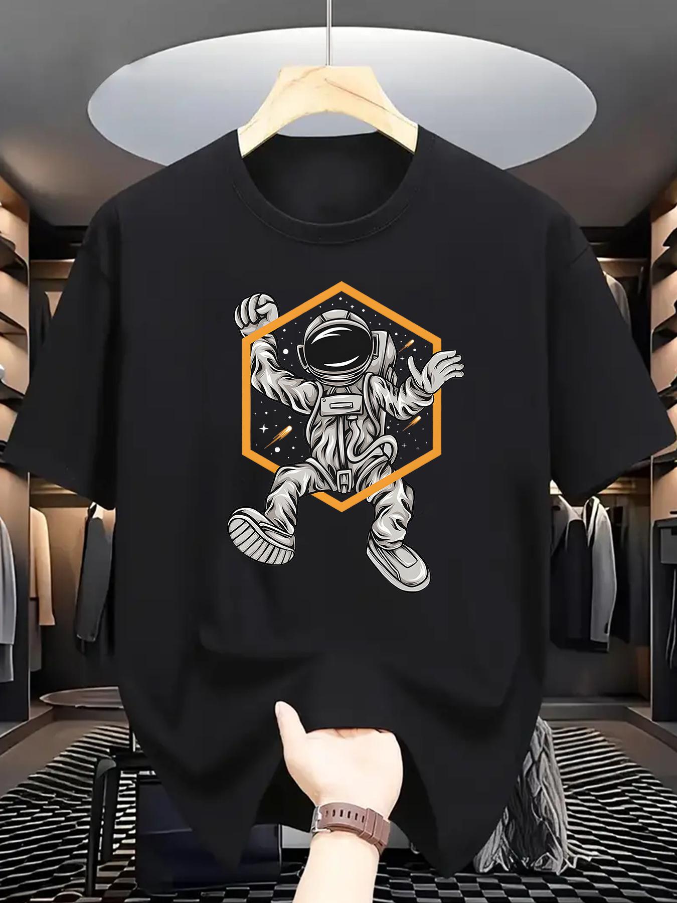 Astronaut Print Crew Neck T-shirt - Navy Blue Casual Breathable Polyester XL