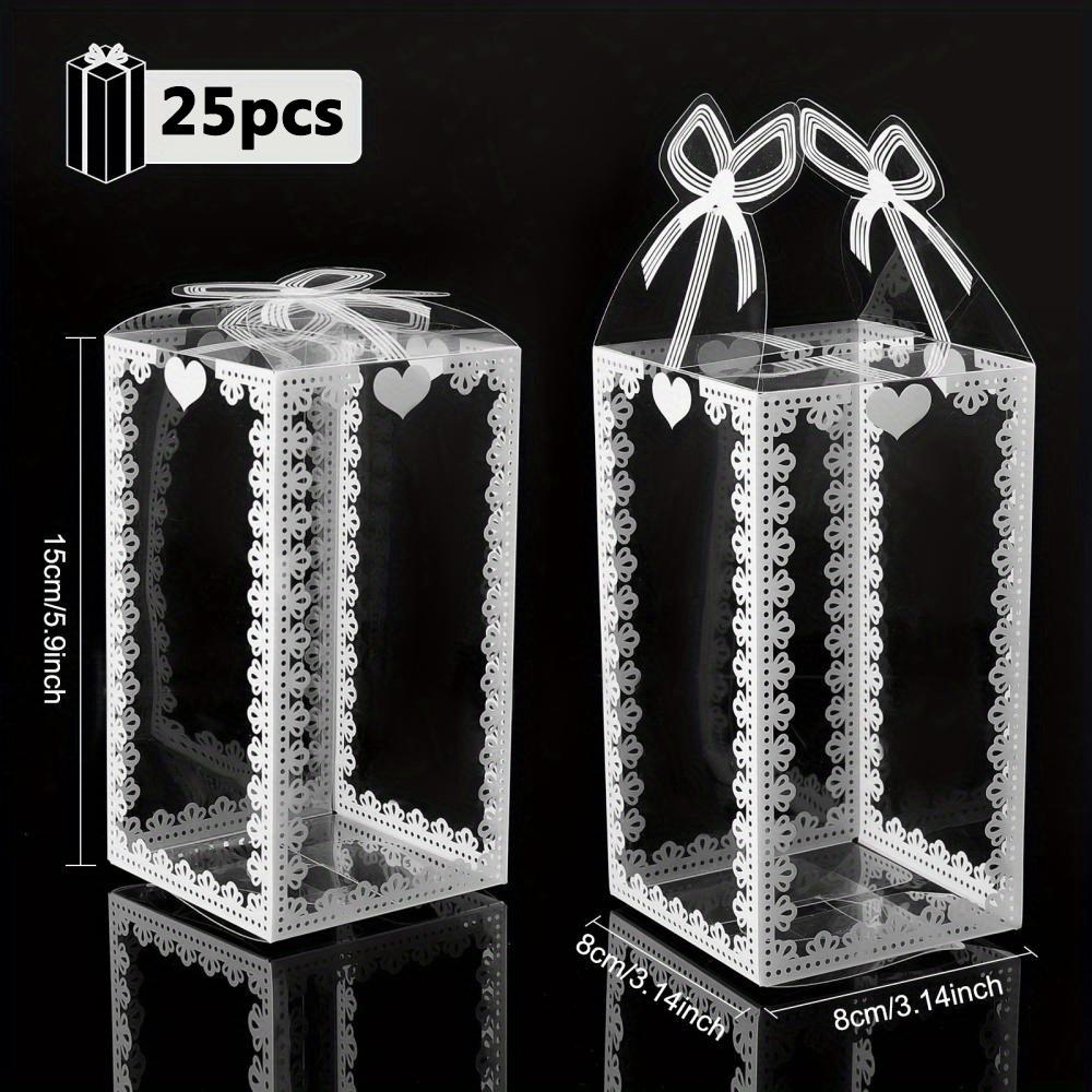 

25 шт. элегантных прозрачных прямоугольных подарочных коробок с бантами из прочного ПВХ, идеально подходящих для печенья, конфет, идеальных для свадебных сувениров, белые, в плоской упаковке 25pcs 8*8*15cm