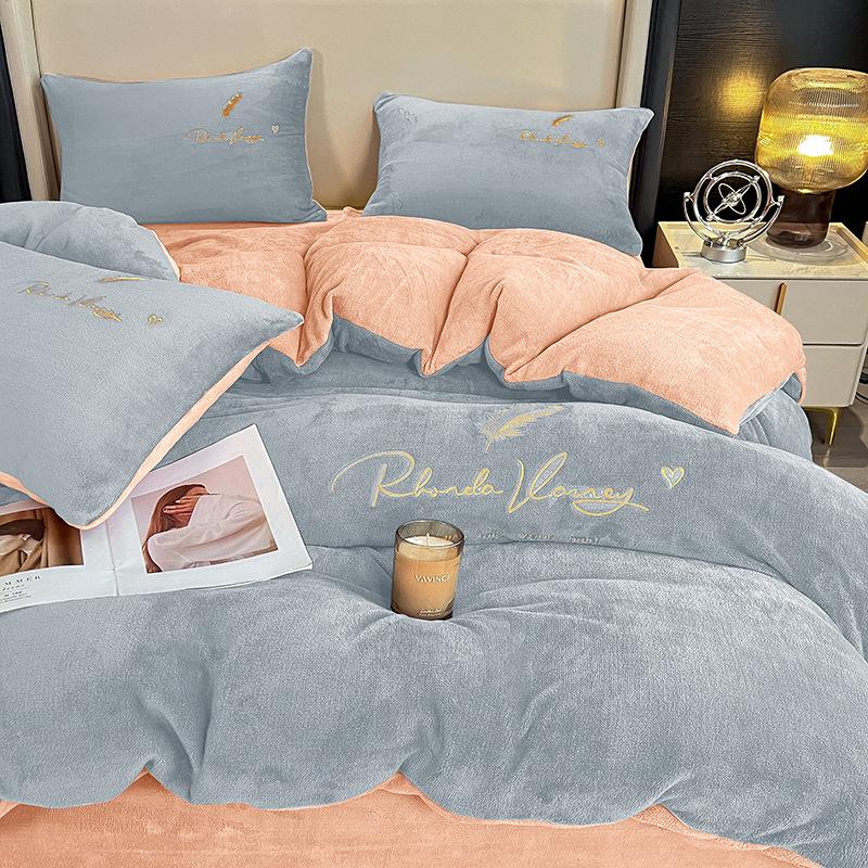 Coral Fleece Milk Velvet Winter Bedding Set: Thickened Embroidered Duvet Cover and Bed Sheet for Dorms.