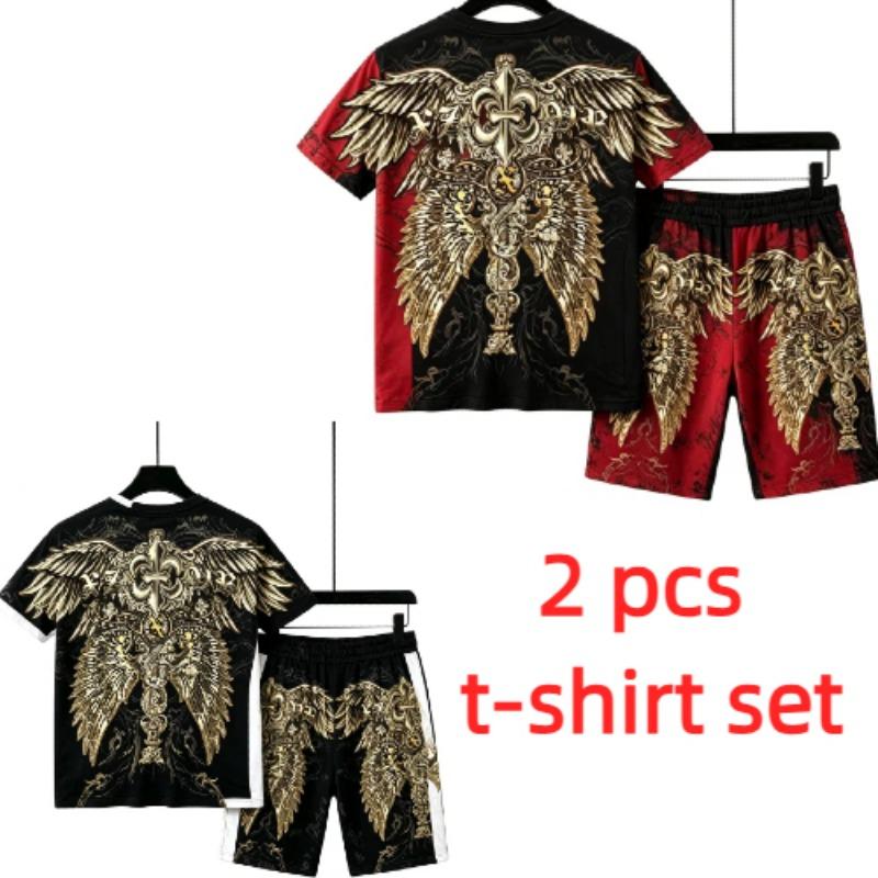 European and American Street Men's Short Sleeved T-shirt Shorts Set 3D Angel Wings Skull Print Men's and Women's Loose Casual Sports Suit