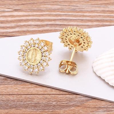 

Nidin Charm Lovely Cute Round Virgin Mary Stud Earrings Copper Gold Color Clear Cubic Zirconia Women Wedding Party Jewelry золотой
