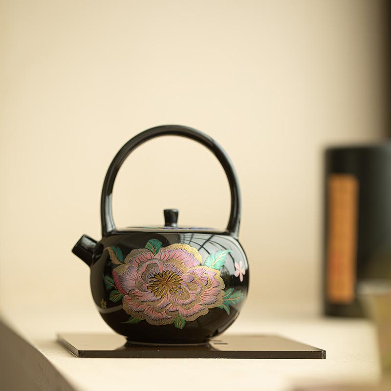 

Чайник с черной глазурью и подъемной ручкой, японский заварочный чайник, чайник для заваривания чая с ситечком, питьевая посуда, украшения