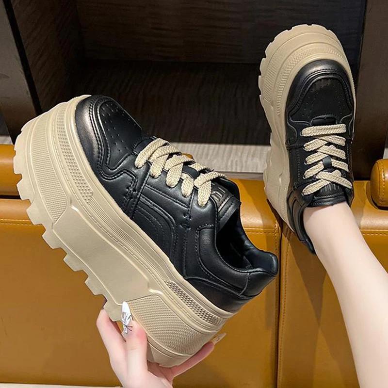 Autumn Women 8CM Platform Sneakers Casual Outdoor Simple Skateboard Comfortable Lace Up Sneakers Fashion Walking Sports Shoes