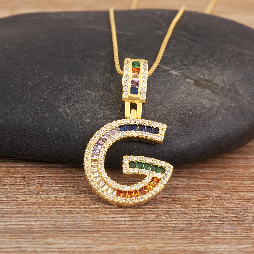 Nidin Simple Fashion 26 A-Z Letters Alphabet Rainbow Cubic Zirconia Pendant Necklace For Women Men Hip-Hop Style Copper Jewelry