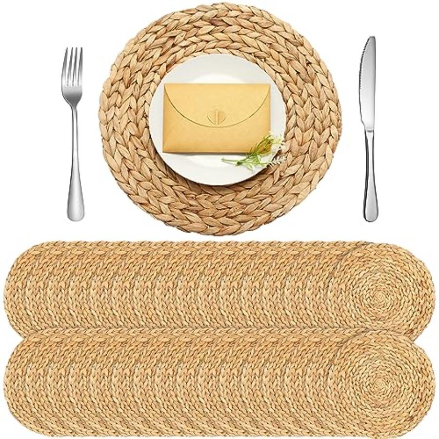 

30 Pcs 13.8 Inches Round Placemats Hand Woven Water Hyacinth Dining Table Mats Rustic Boho Kitchen Decoration Brown Natural Col