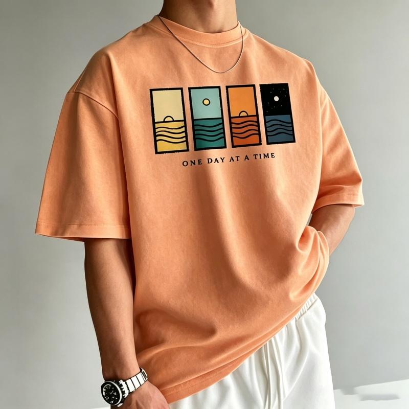 Unisexs TShirt Unisexs Round Neck Short Sleeved TShirt One Day At A Time Abstract Ocean Sunset Art Printed TShirt Casual Street