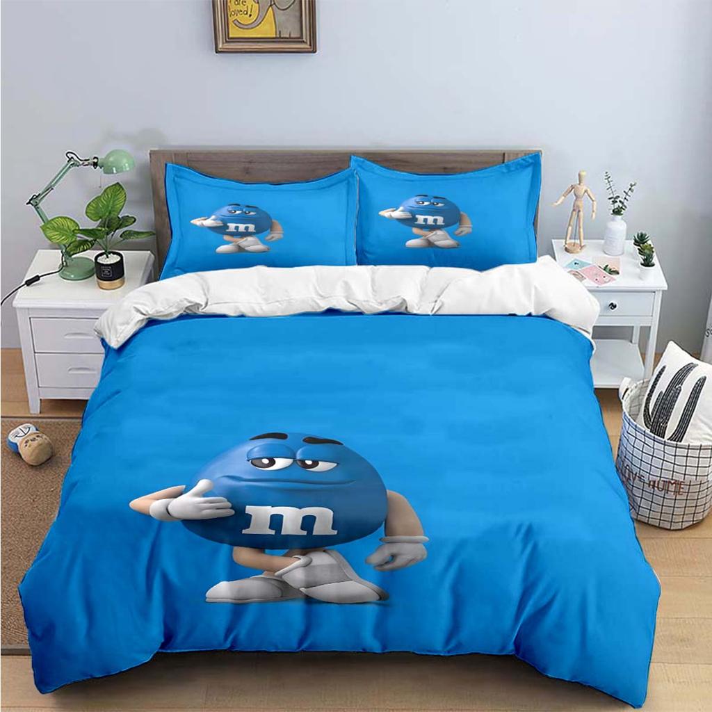Hot Fashion M&M Chocolate Logo Print Bedding Sets Exquisite Bed Supplies Set Duvet Cover Bed Comforter Set Bedding Set Kids Gift