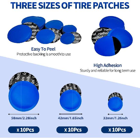 33PCS Tire Repair Patch Tools Tire Patch Kit, 30PCS Tire Patches(32Mm/ 42Mm/ 58Mm With Tire Patch Roller, Tire Repair Buffing Wheel, Tire Inner Liner