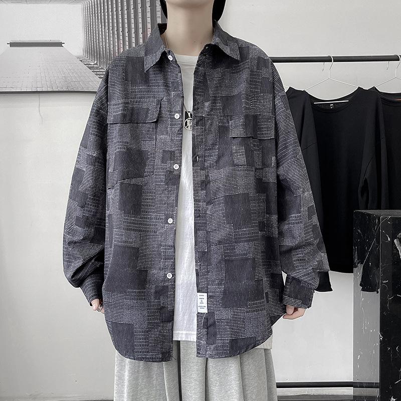 Denim Shirt with Geometric Pattern Oversized Long Sleeve Button Front Pocket Casual Top