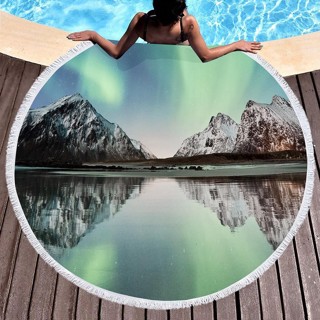 Aurora Print Round Beach Towel,Polyester Sand Resistant Beach Blanket,Soft Absorbent Quick Dry Pool Towel Portable Picnic Mat