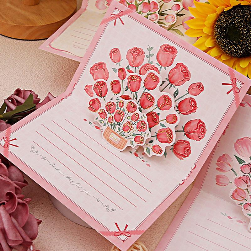 1PC Paper Postcard 3D Greeting Card Creative Roses Birthday Gift Card Sunflowers Bouquet Pop-Up Tulips