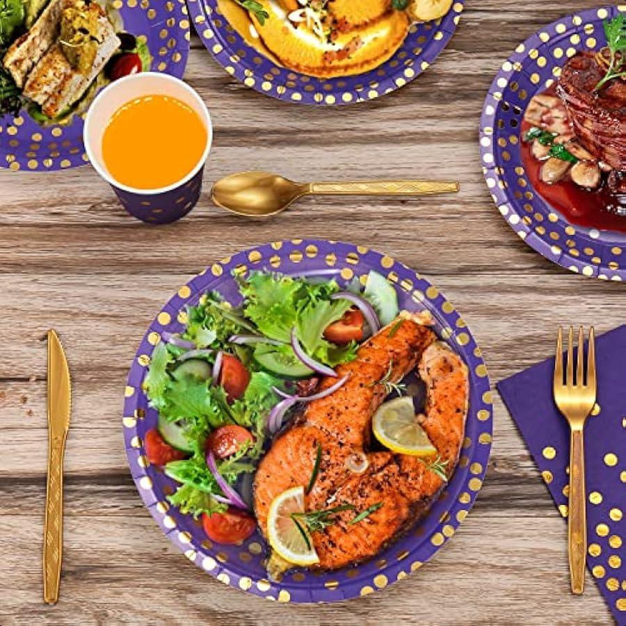 Purple and Gold Party Supplies 140 Pieces Golden Dot Disposable Party Dinnerware Purple Paper Plates Napkins Cups Gold Plastic