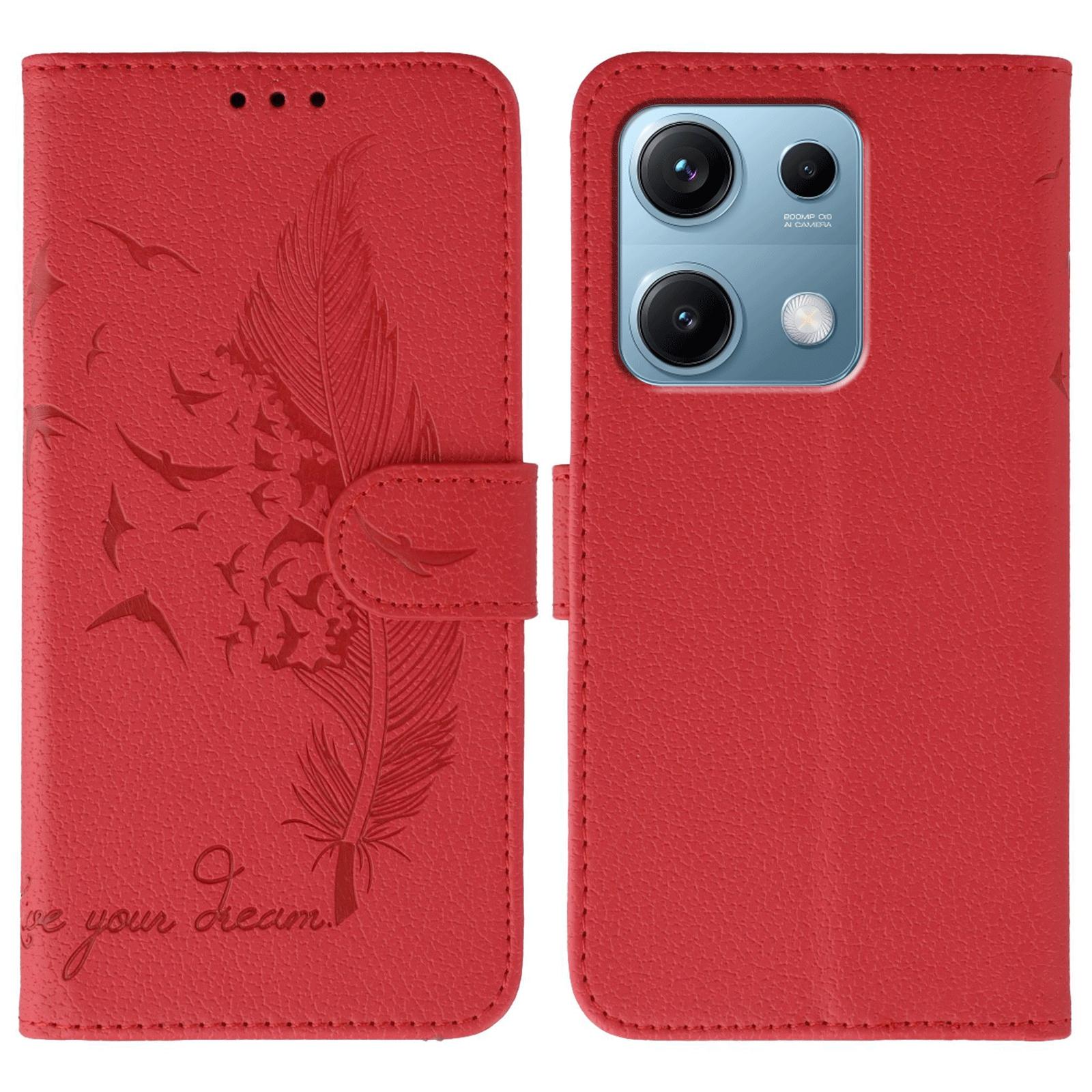 

For Xiaomi Redmi Note 14S 4G Case Feather Imprint PU Leather Wallet Phone Cover Red