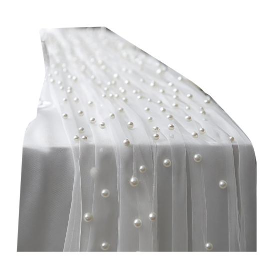 Faux Pearl Gauze Table Runner Boho Sheer Tulle Fabric Table Runner for Wedding Bridal Shower Birthday Party Dining Table Decor