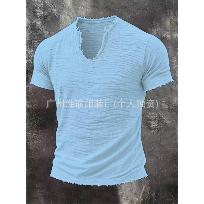 MENFORMAL Heren Khaki Slubtextuur Ruwe Rafelige Rand V-hals T-shirt Verweerd Gerafeld Randje Korte Mouw Casual Vintage Top 4XL hemelsblauwe kleur
