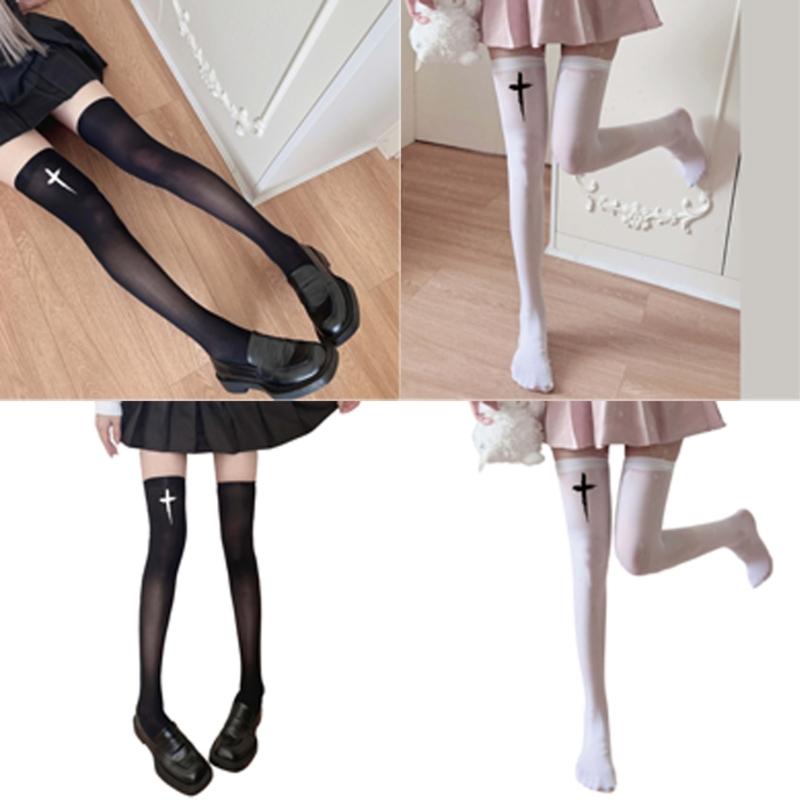 Anime JK Mädchen Kreuz Print Strümpfe Damen Seiden Leggings Strumpfhosen Socken Cosplay Kostüm Über Knie Oberschenkel Hoch Lange Socken