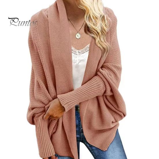 Dámský kardiganový kabát bez límce s netopýřími rukávy a dlouhým rukávem, otevřený vpředu, pletený kabát, elastické manžety, jednobarevný, volný střih, pletený kardigan