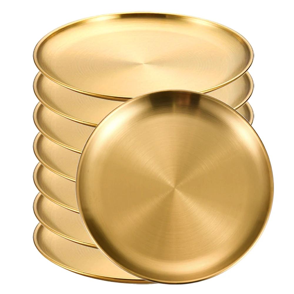 8Pcs Stainless Steels Round Golden Shallow Tray Plate Rust-Proof 14/17/20/23/26cm Camping Plate BBQ Picnic Dishes Cookware