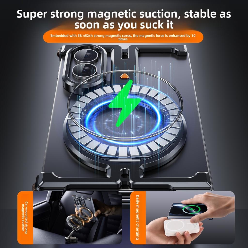 Metal Bumper Case for Samsung Galaxy Z Fold 8 with 360° Rotating Magnetic Ring Stand Frameless Shells Slim Shockproof Cover