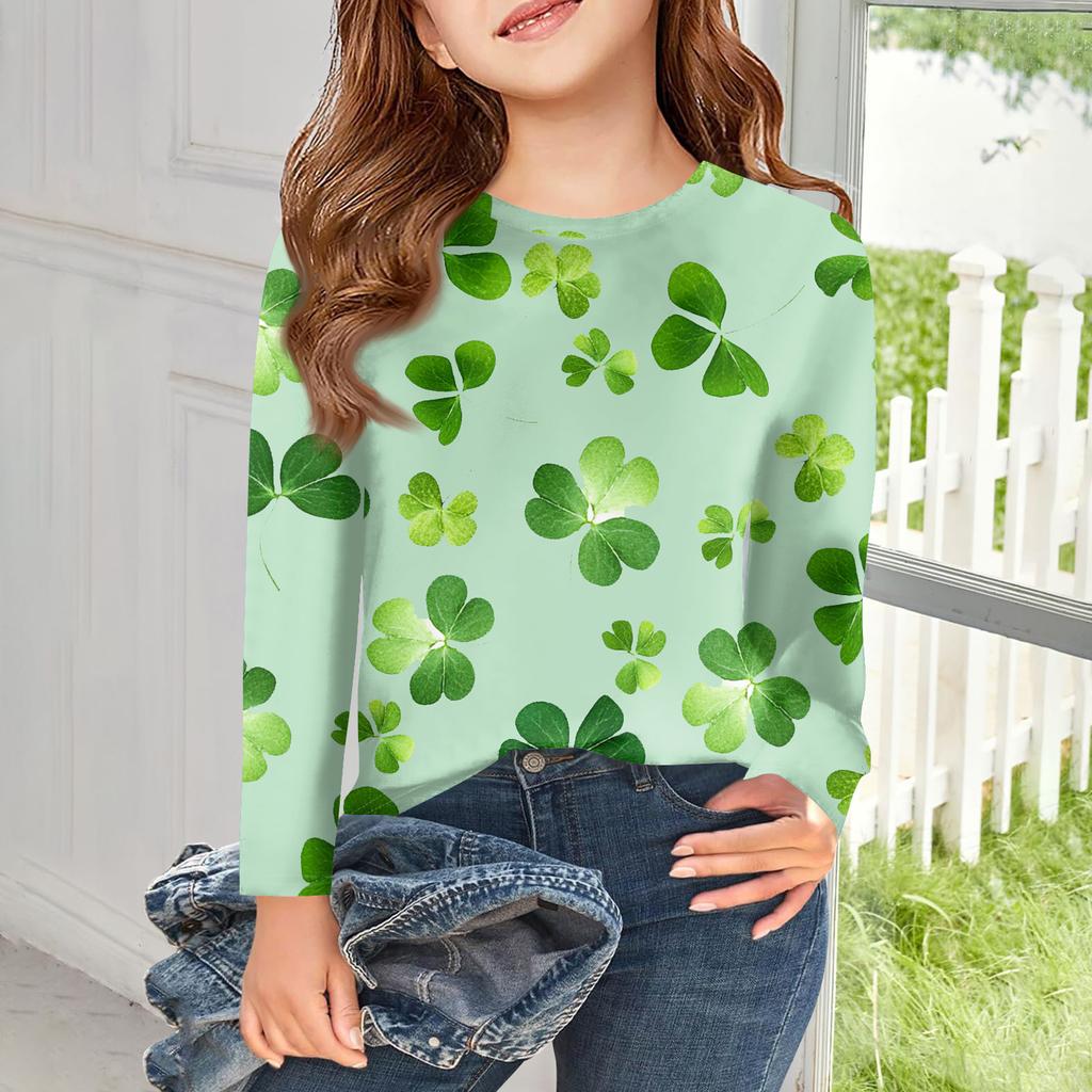 Girls Long Sleeve T Shirts Kids Fall Tops Crewneck Printed Basic Tees Saint Patrick's Day
