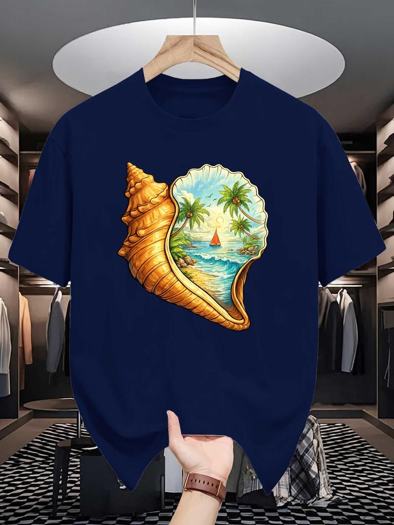 Unisex White Tee Conch Tropical Beach Ocean Scenery Art Graphic Print Crew Neck Short Sleeve Summer Casual Male Cotton Street Top