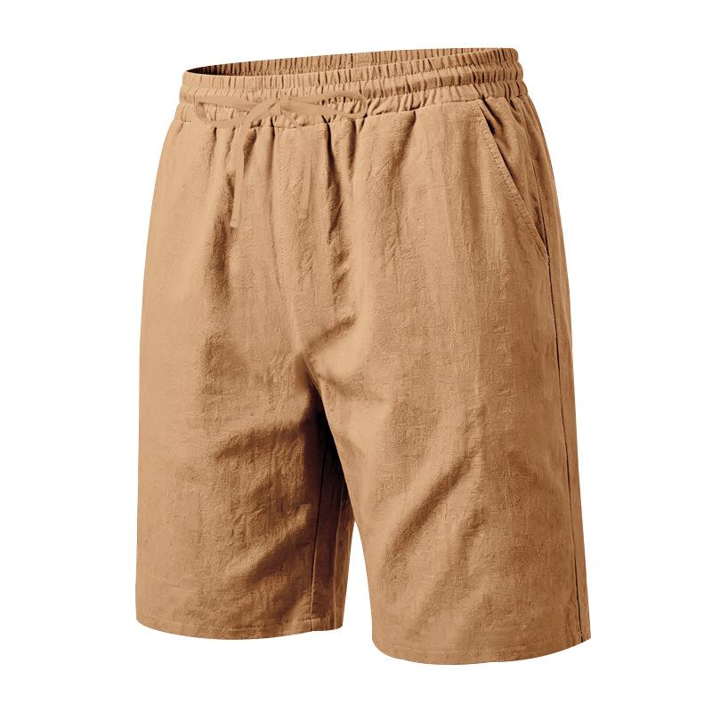 Summer Loose Linen Breathable Casual Sports Simple Solid Color Drawstring Vacation Beach Five Quarter Shorts