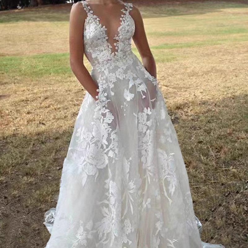 Women's V Neck Sleeveless Maxi Dress Loose Fit Mid Rise Elegant Wedding Dress Lace Bridal Evening Gown