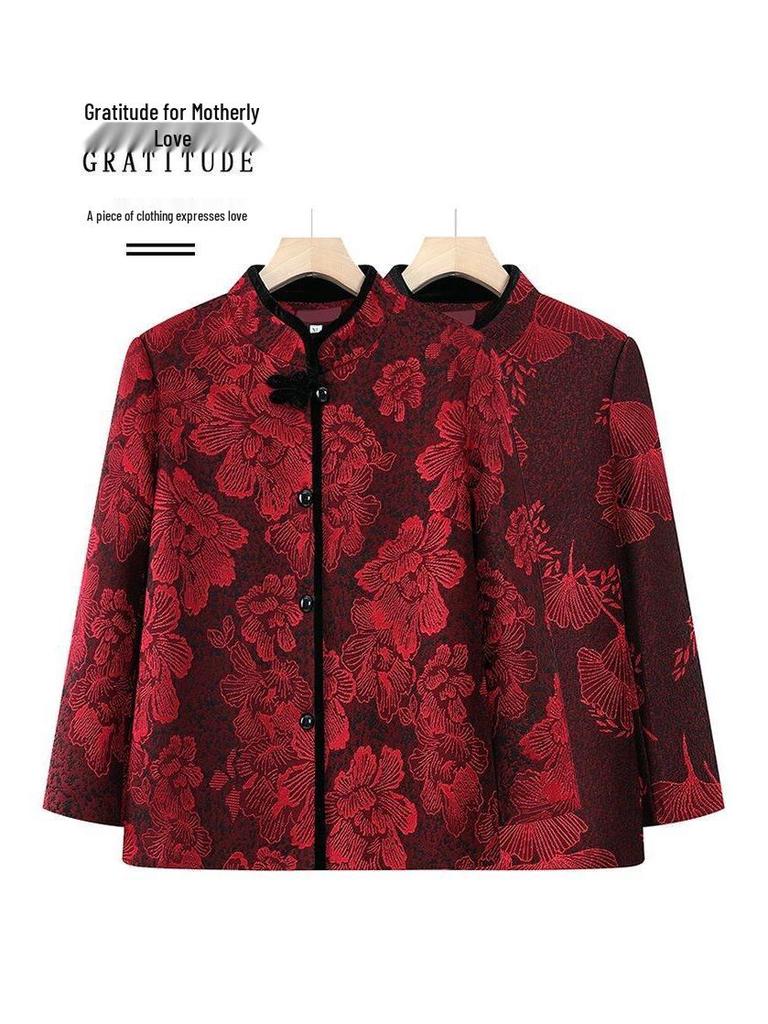Schlankmachendes Woll-Oberteil im chinesischen Stil für ältere Menschen mit Jacquard-Blumen und Stehkragen