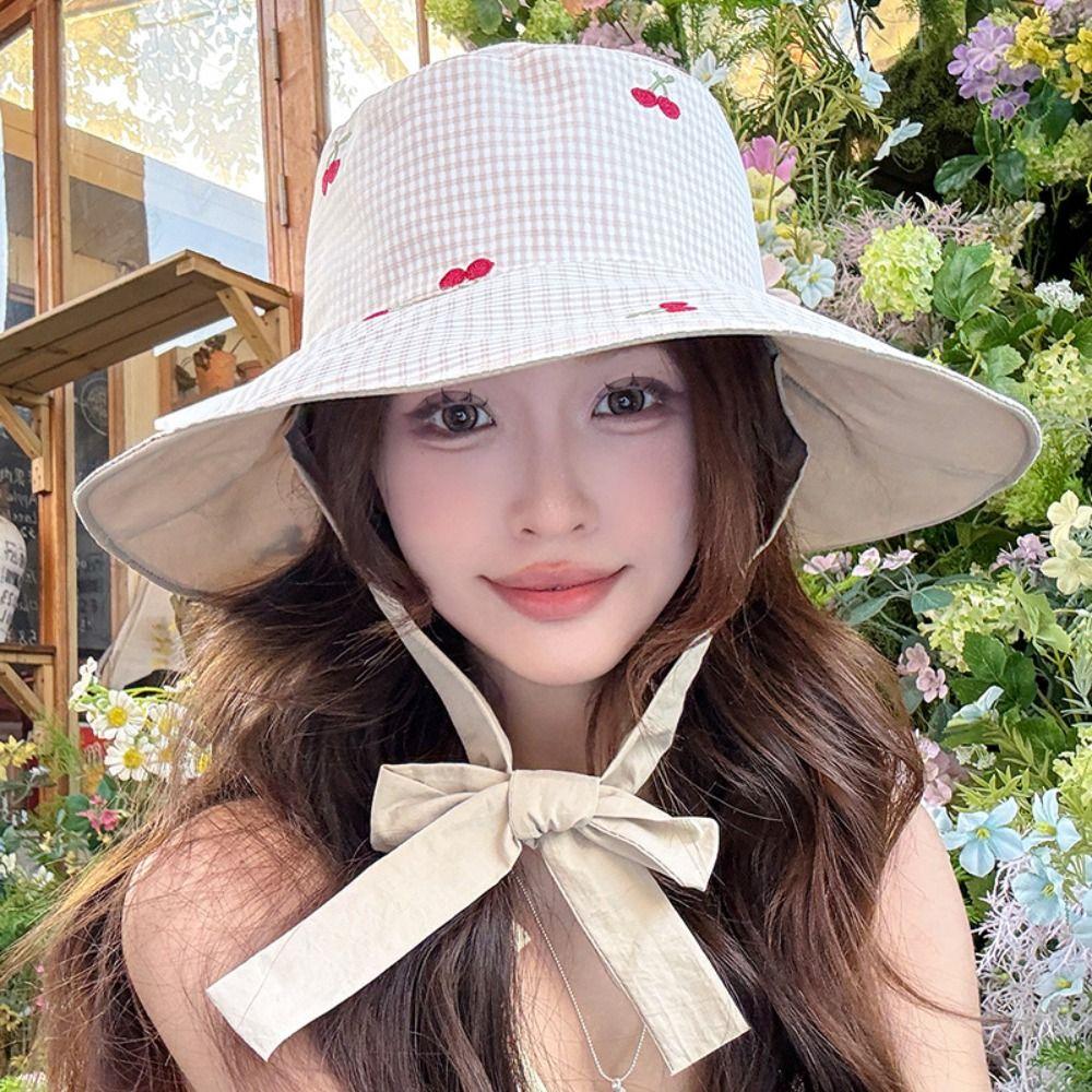 Lace Summer Sun Hat Double Sided Wearable Embroidered Cherry Bucket Hat  Camping
