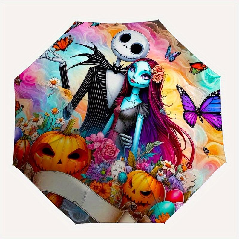 Jack Skellington,Sally Automatic Umbrella Tri fold Portable Umbrella, Best Holiday Gift for Men and Women, Durable Iron Frame, Playful Des