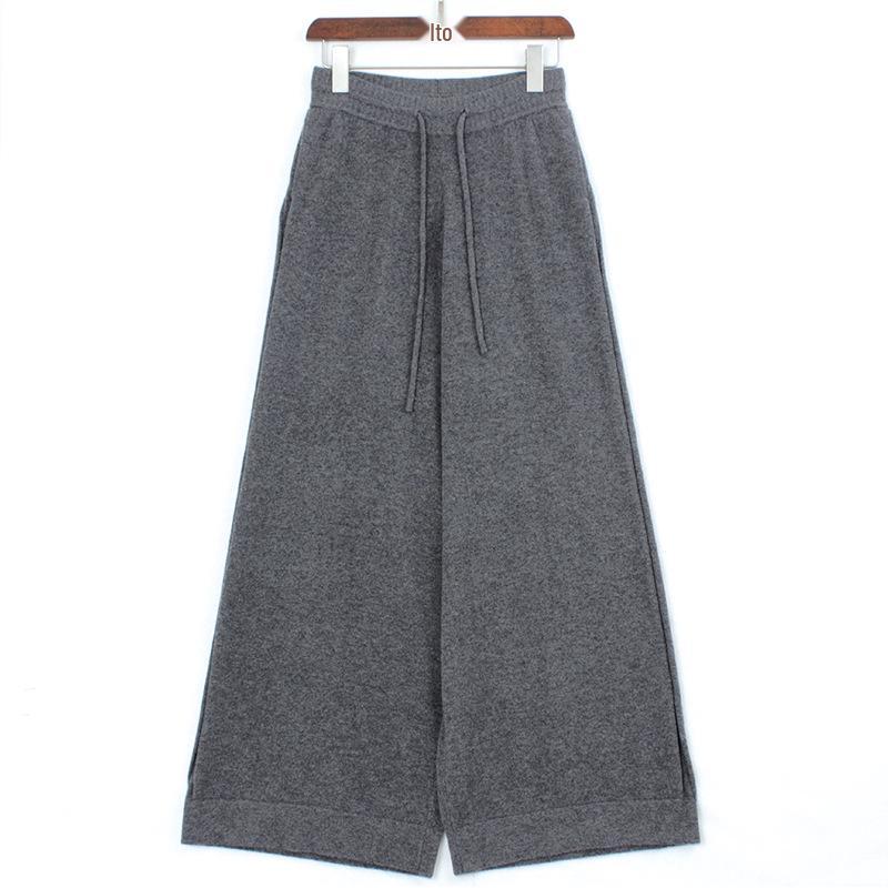 

Новое поступление Женские трикотажные брюки палаццо из чистого кашемира с кулиской на талии, карманами и вертикальными полосками. One Size