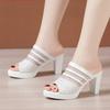 8cm Small Size 32-43 Elegant Fashion Mesh Rhinestone Leather Slippers Platform Shoes 2025 Block High Heels Slides Office Model