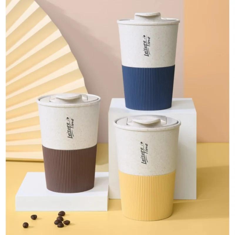 1PCS Portable Coffee Cup Double Wall Mug Wheat Straw Material Plastic Travel Water Cup with Lid for Women Men Drinking Cup Gift