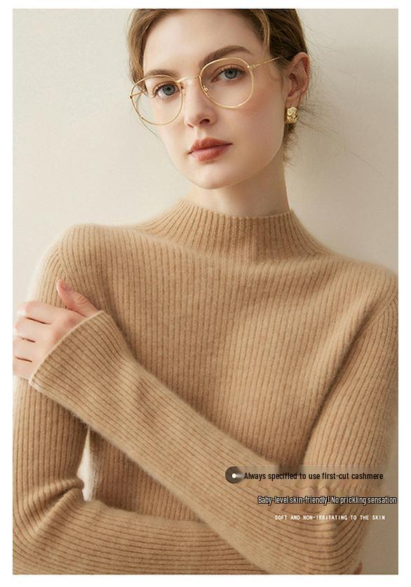 Women's 100% Cashmere Long Sleeve Knit Sweater - Half-High Neck, Tight-Fitting, Versatile Base Layer for Autumn/Winter.