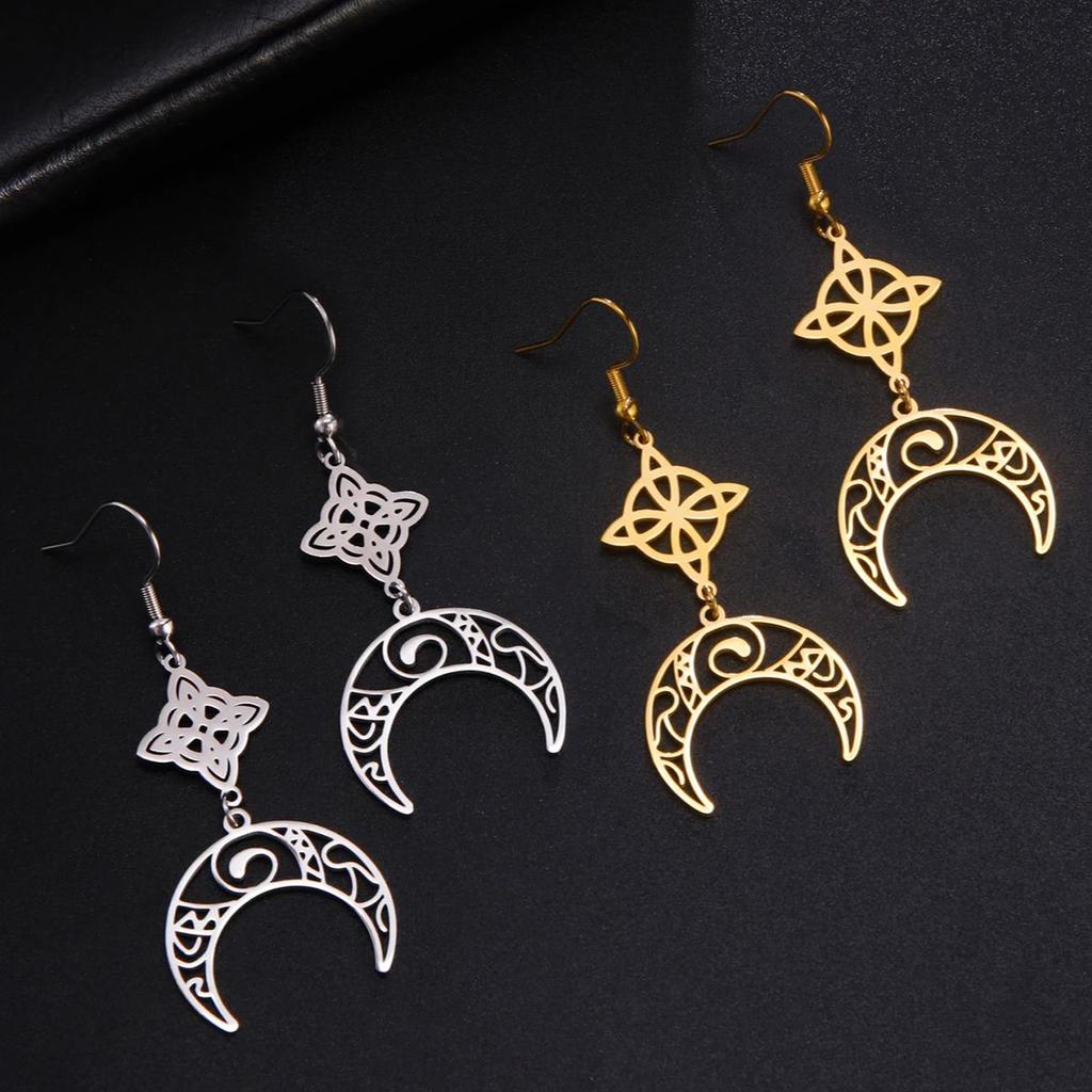 LIKGREAT Witch Knot Moon Drop Dangle Earrings for Women Girls Stainless Steel Celtic Crescent Pendant Jewelry Valentine's Gift