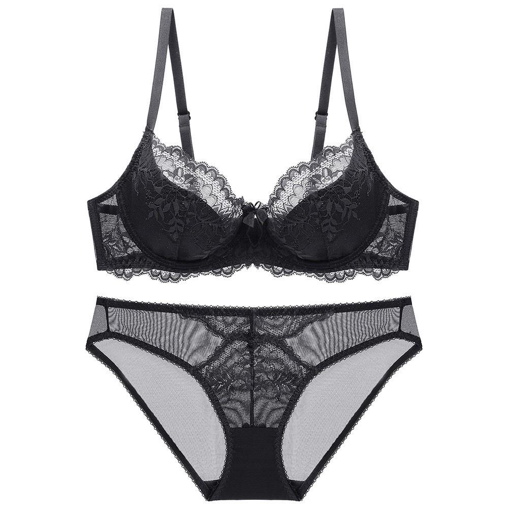 Breathable Lace Push-Up Bra Set: Underwire Support, Minimizing for Large, Lifting for Small Busts