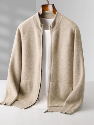 Herren Woll-Reißverschluss-Strickjacke - Verdickter Pullover mit halbem Stehkragen, Lässiger Business-Kaschmir-Strick.
