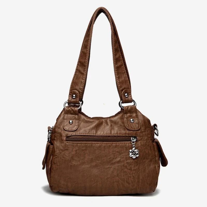 Retro Leather Female Multi-pockets Shoulder Crossbody Bags for Women Mother 2 Layers Large Capacity Handbag Messenger Tote Bag
