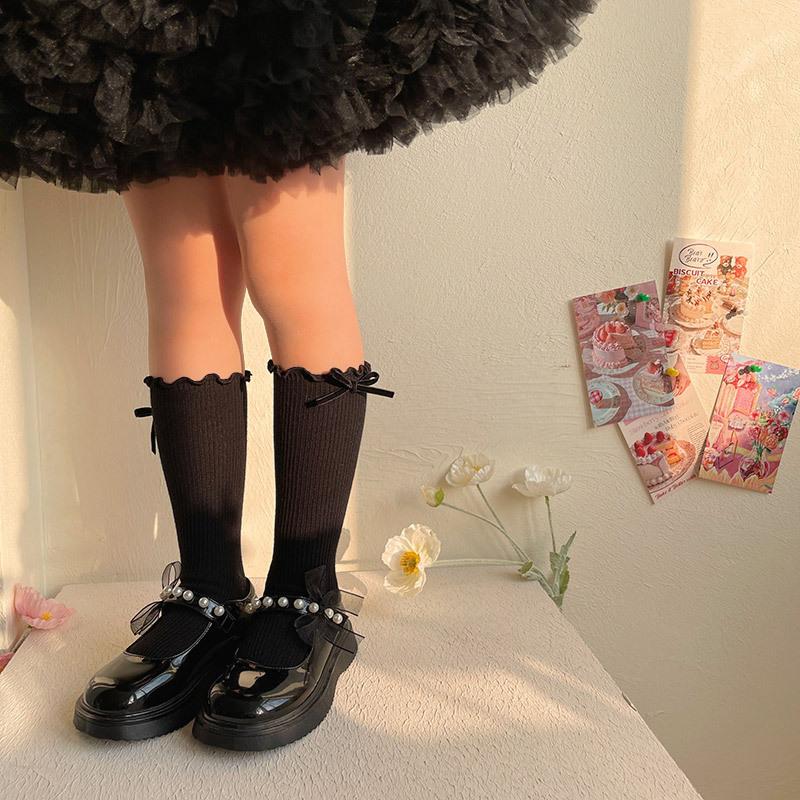 Children's Socks Summer Lolita Wooden Ear Mesh Ribbon Large Bow Mid-tube Socks for Girls