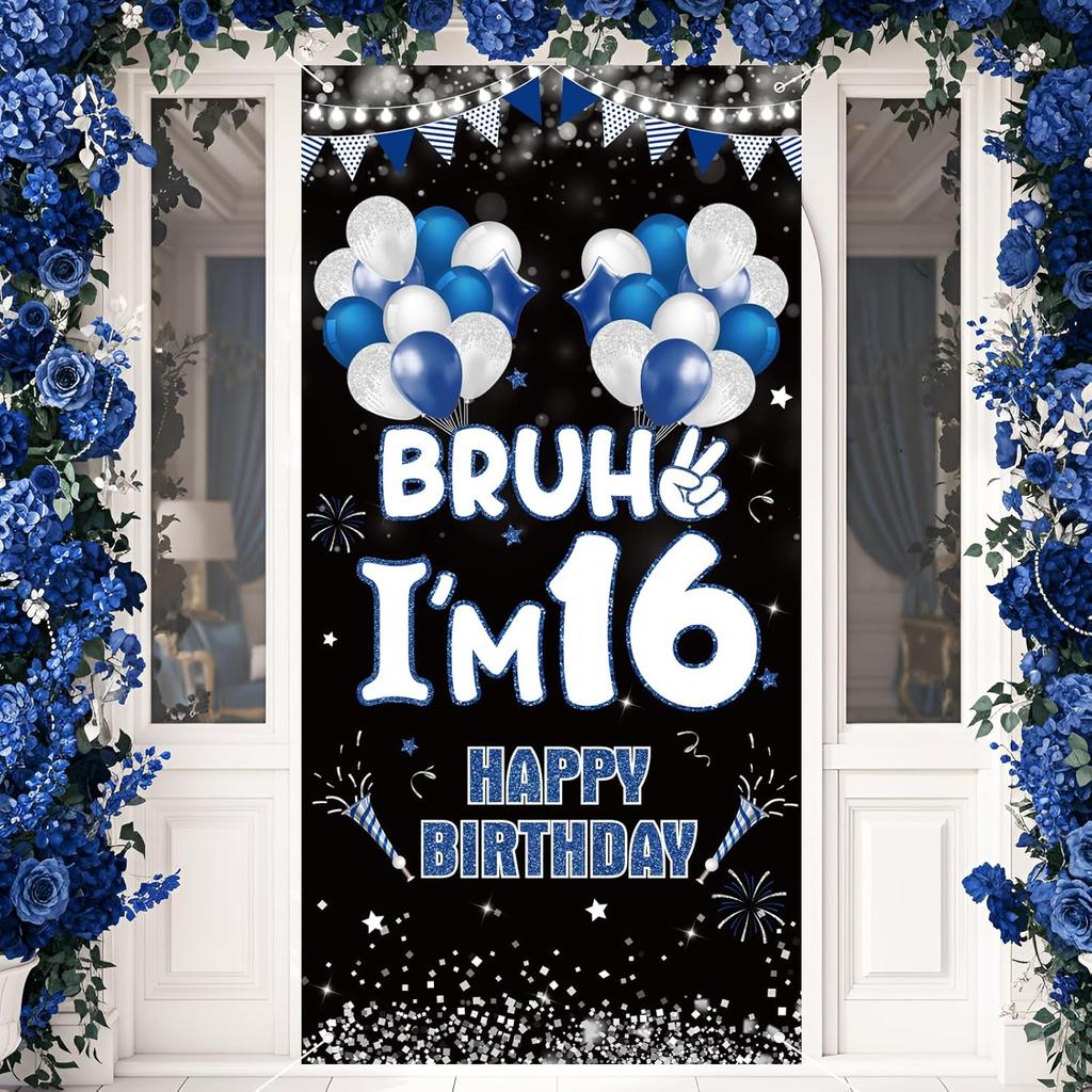 13th Birthday Decorations Door Cover Banner for Teenager Blue White Bruh I'm 13 Backdrop 13 Year Old Bday Background Sign Photo Props for Boys Teen