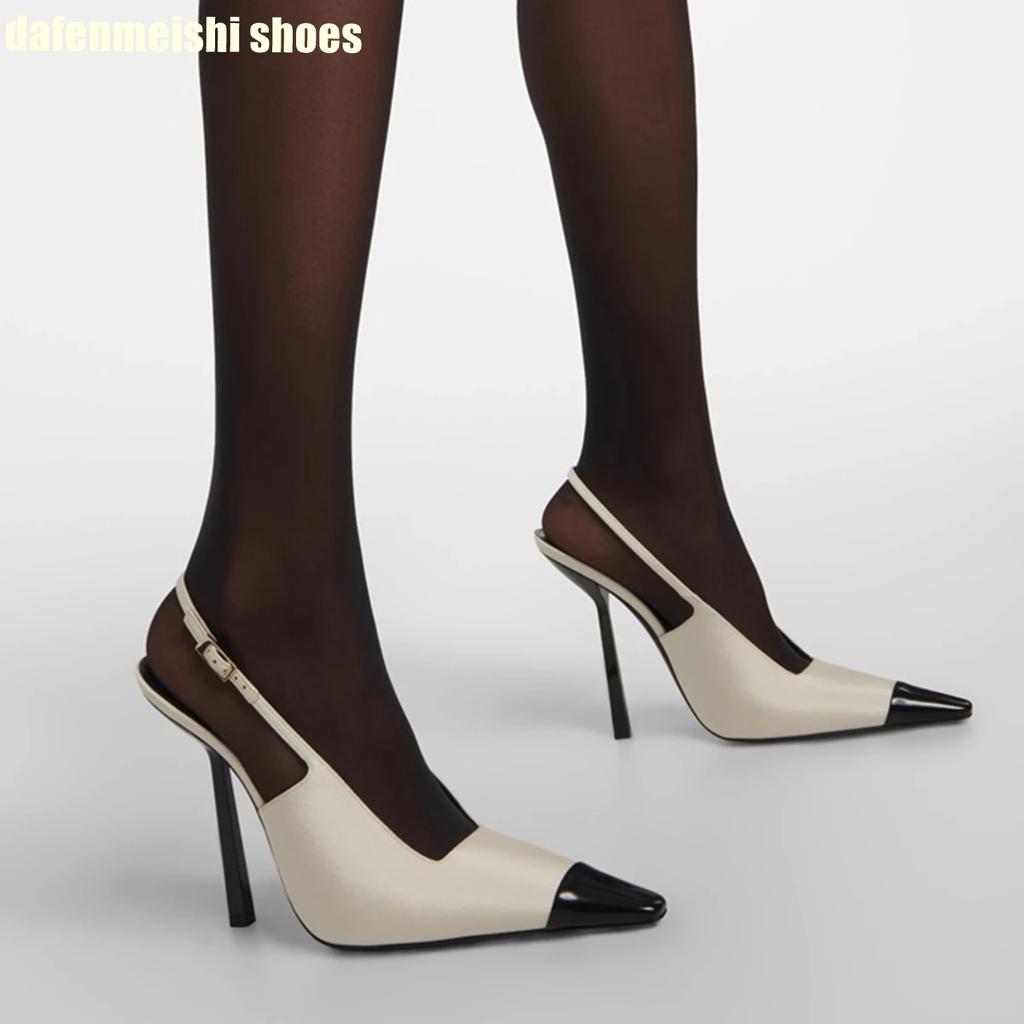 Fashion Satin Fabric Square Toe Metal Thin Heel Women High Heels Back Strap Slingback Fashion Sandals Black/white 2025 New Pumps